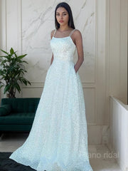 A-Line/Princess Spaghetti Straps Sweep Train Sequins Prom Dresses With Pockets