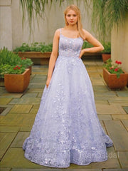 A-Line/Princess Spaghetti Straps Sweep Train Tulle Prom Dresses With Appliques Lace