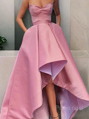 A-Line/Princess Strapless Asymmetrical Satin Prom Dresses With Pockets
