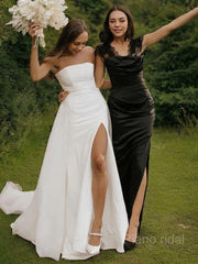 A-Line/Princess Strapless Cathedral Train Stretch Crepe Wedding Dresses With Leg Slit