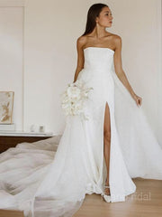 A-Line/Princess Strapless Cathedral Train Stretch Crepe Wedding Dresses With Leg Slit