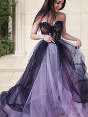 A-line/Princess Strapless Court Train Tulle Prom Dresss with Appliques Lace