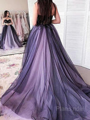 A-line/Princess Strapless Court Train Tulle Prom Dresss with Appliques Lace