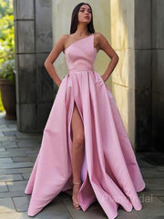 A-Line/Princess Strapless Floor-Length Satin Prom Dresses With Leg Slit