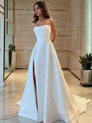 A-Line/Princess Strapless Sweep Sweep Satin Wedding Vestres com fenda de perna