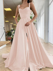 A-Line/Princess Straps Court Train Satin Prom Dresses With Pockets
