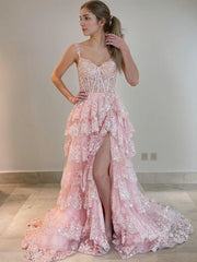 A-Line/Princess Straps Court Train Tulle Prom Vestidos con hendidura de piernas