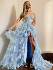 A-Line/Princess Straps Court Train Tulle Prom Dresses With Leg Slit