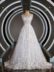 A-Line/Princess Straps Court Train Tulle Vestidos de novia con encaje de apliques