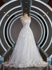A-Line/Princess Straps Court Train Tulle Wedding Dresses with Appliques Lace