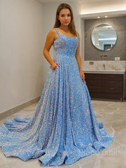 A-Line/Princess Straps Court Train Velvet Sequins Prom Dresses With Pockets