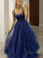A-Line/Princess Straps Sweep Train Tulle Prom Dresses With Ruffles