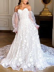 A-Line/Princess Sweetheart Cathedral Train Lace Vestres de noiva com apliques renda