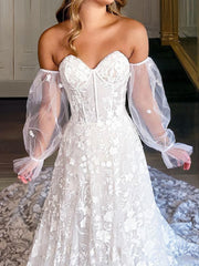 A-Line/Princess Sweetheart Cathedral Train Lace Wedding Dresses With Appliques Lace