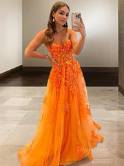 A-line/Princess Sweetheart Sweep Train Tulle Prom Dresss with Appliques Lace