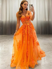 A-line/Princess Sweetheart Sweep Train Tulle Prom Dresss with Appliques Lace