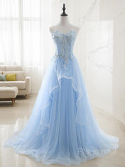 A-Line/Princess Sweetheart Sweep Train Tulle Prom Dresses With Appliques Lace