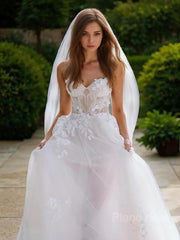 A-Line/Princess Sweetheart Sweep Train Tulle Wedding Dresses With Appliques Lace