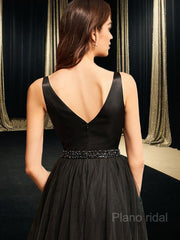 A-Line/Princess V-neck Asymmetrical Tulle Prom Dresses With Beading