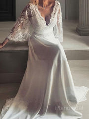 A-Line/Princess V-neck Court Train Lace Wedding Dresses With Belt/Sash