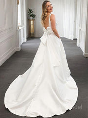 A-Line/Princess V-neck Court Train Satin Wedding Dresses With Bow