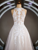 A-Line/Princess V-neck Court Train Tulle Wedding Dresses with Appliques Lace