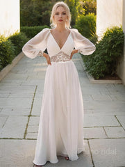 A-line/Princess V-neck Floor-Length Chiffon Wedding Dress