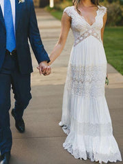 A-Line/Princess V-neck Floor-Length Lace Wedding Dresses