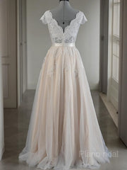 A-Line/Princess V-neck Floor-Length Lace Wedding Dresses With Appliques Lace