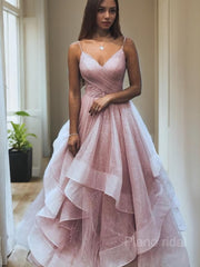 A-Line/Princess V-neck Floor-Length Net Prom Dresses