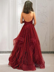 A-Line/Princess V-neck Floor-Length Net Prom Dresses