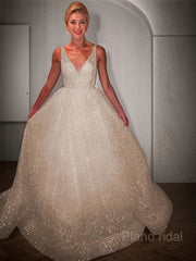 A-Line/Princess V-neck Floor-Length Prom Dresses