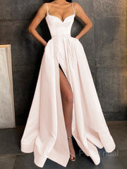 A-Line/Princess V-neck Floor-Length Satin Prom Dresses With Leg Slit