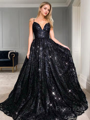 A-Line/Princess V-neck Floor-Length Sequins Prom Dresses