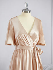 A-Line/Princess V-neck Floor-Length Silk like Satin Bridesmaid Dresses with Belt/Sash