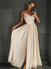 A-Line/Princess V-neck Floor-Length Silk like Satin Prom Dresses With Leg Slit