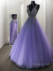 A-Line/Princess V-neck Floor-Length Tulle Evening Dresses With Beading