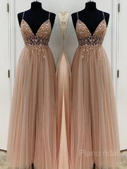 A-Line/Princess V-neck Floor-Length Tulle Prom Dresses With Beading