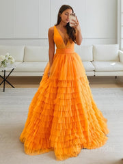 A-Line/Princess V-neck Floor-Length Tulle Prom Dresses With Ruffles