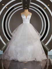A-Line/Princess V-neck Floor-Length Tulle Wedding Dresses with Ruffles