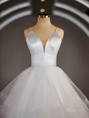 A-Line/Princess V-neck Floor-Length Tulle Wedding Dresses with Ruffles