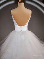 A-Line/Princess V-neck Floor-Length Tulle Wedding Dresses with Ruffles
