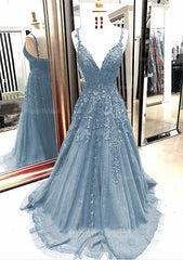 A Line Princess V Neck Sleeveless Sweep Train Tulle Prom Dress With Appliqued