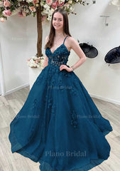 A Line Princess V Neck Sleeveless Sweep Train Tulle Prom Dress With Appliqued Beading Lace