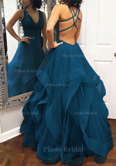 A Line Princess V Neck Sleeveless Tulle Long Floor Length Prom Dress With Pleated