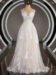 A-Line/Princess V-neck Sweep Train Lace Wedding Dresses with Appliques Lace