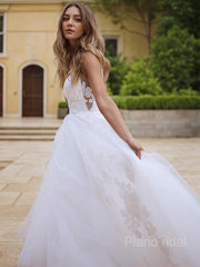 A-Line/Princess V-neck Sweep Train Lace Wedding Dresses With Appliques Lace