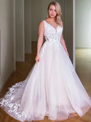 Vestidos de novia de encaje en línea A-line/princess en V con encaje con encaje de apliques