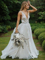 A-Line/Princess V-neck Sweep Train Lace Wedding Dresses With Belt/Sash