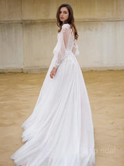 A-Line/Princess V-neck Sweep Train Lace Wedding Dresses With Leg Slit